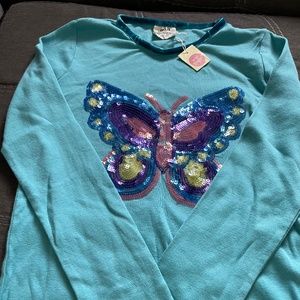 NWT Girls 9-10 Mini Boden Blue Embellished Butterfly Long Sleeved Shirt
